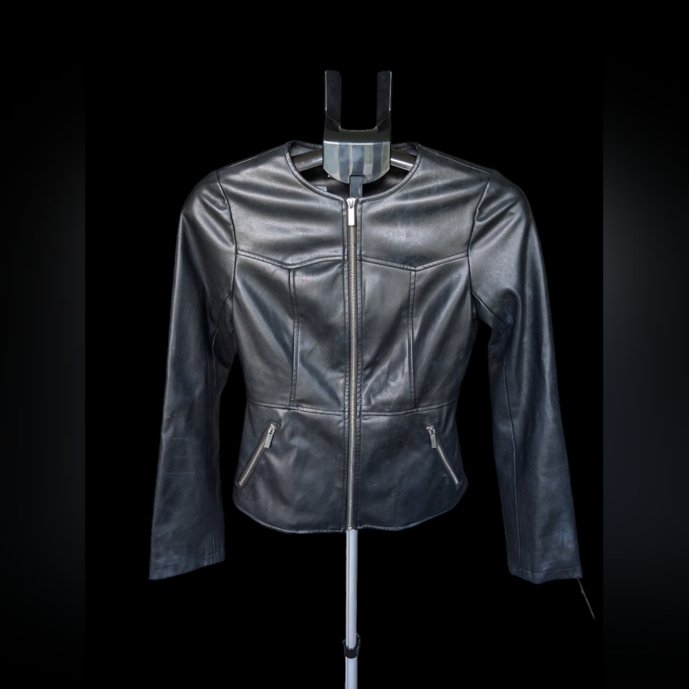 ZARA Leather Jacket Faux Moto Biker Collarless Jacket Black S